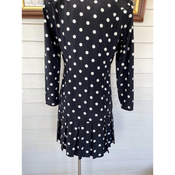Vintage 1980s Black White Polka Dot Pleated Dress - Picture 12 of 12